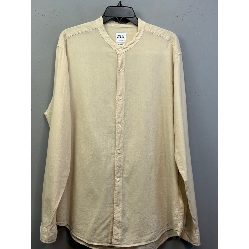 Zara Button Up Shirt Mens XL Cream Relaxed Fit Grandad Collar Cotton neutral